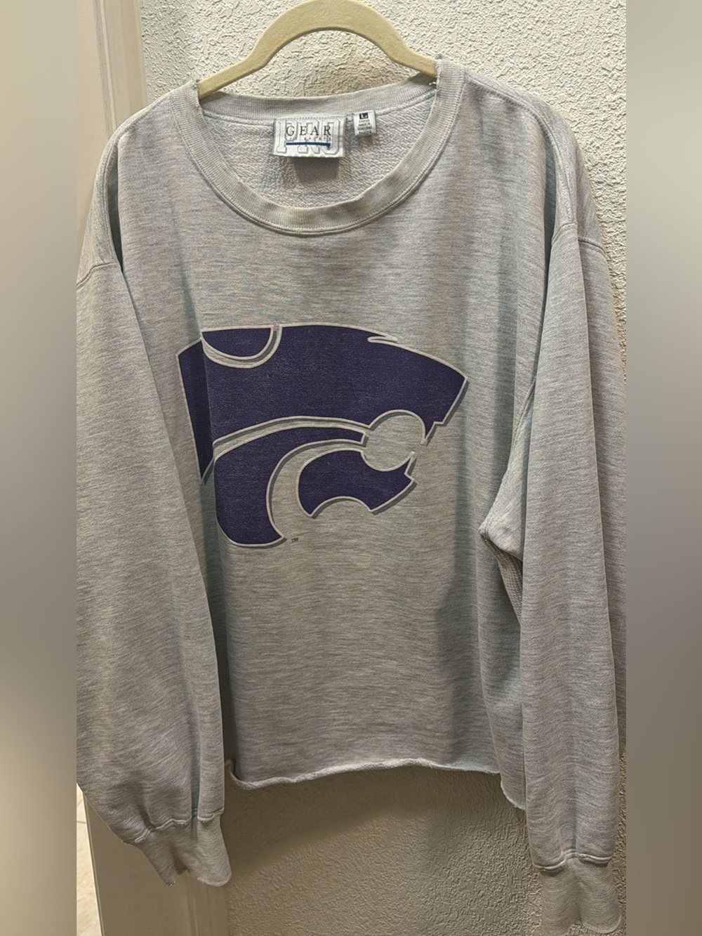 GEAR Vintage Wash Gray Crewneck Sweatshirt with power cat logo Kansas state